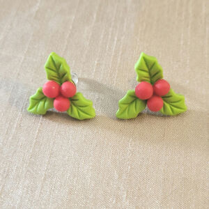 Christmas season festive holiday holly sprig earrings free leaves & red berries